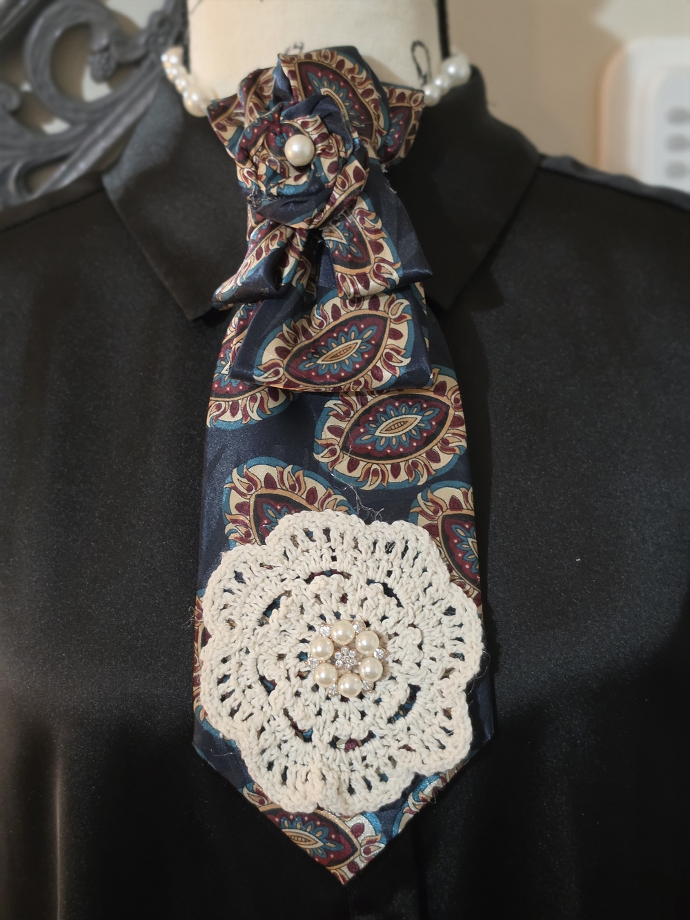 Stylish Navy Paisley Necktie Necklace with Pearl And Doily Accents